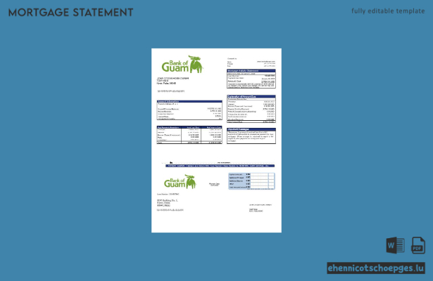 Palau-Guamanische Bankhypothekenabrechnung in Word- und PDF-Formaten – Beispielvorschau